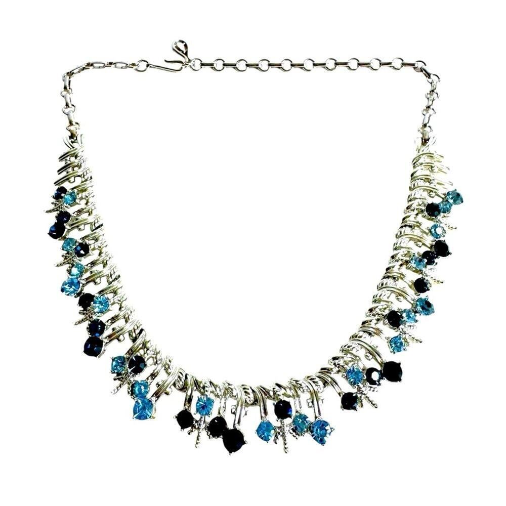 Vintage Blue Rhinestone Necklace CORO Silver Tone Icicle Bib Cocktail Collar Mod